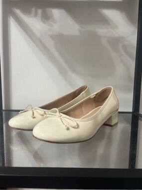 Cream Patent Low Block Heel Ballet Flats with Bow